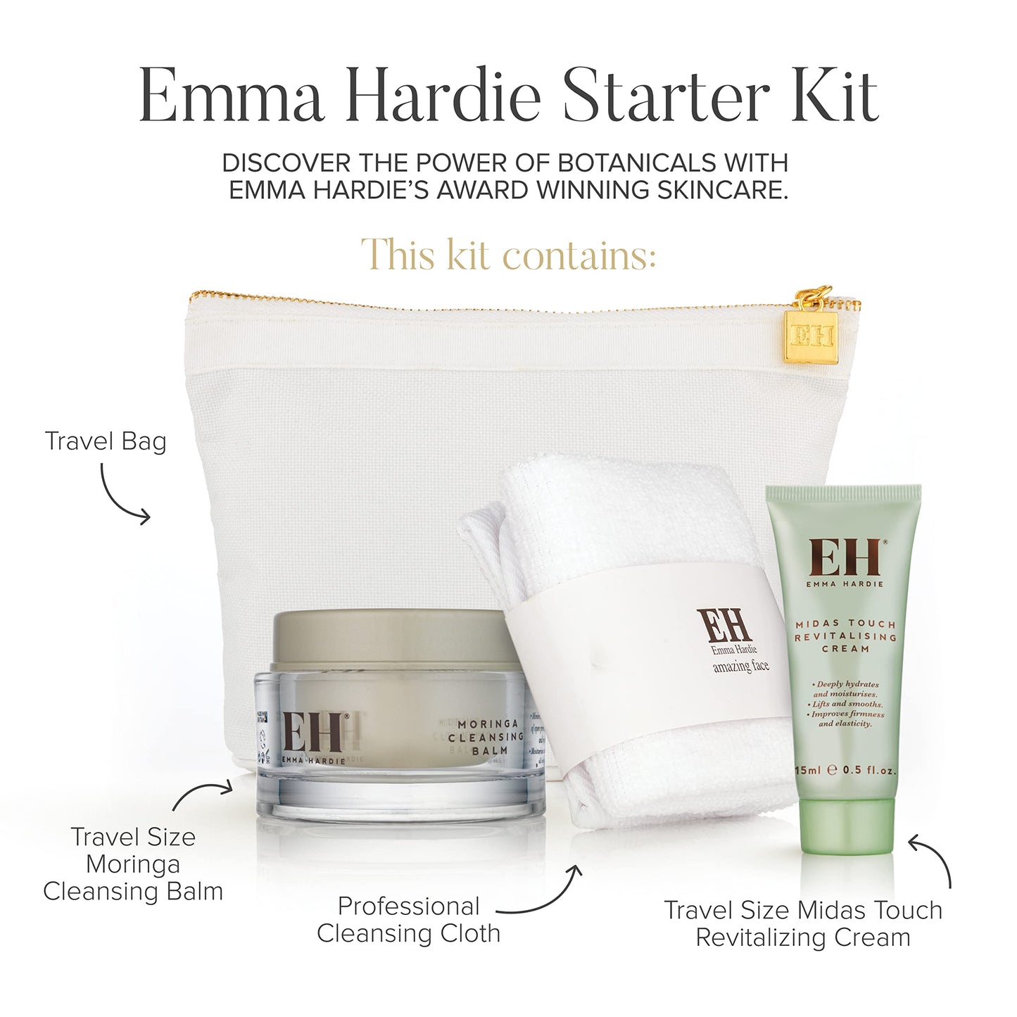 Emma Hardie Starter Kit: Travel Size 50ml Moringa Cleansing Balm, Travel Size 15ml Midas Touch Revitalising Cream & Professional Cleansing Cloth, Packed in a Cosmetic Bag, Natural & Cruelty Free