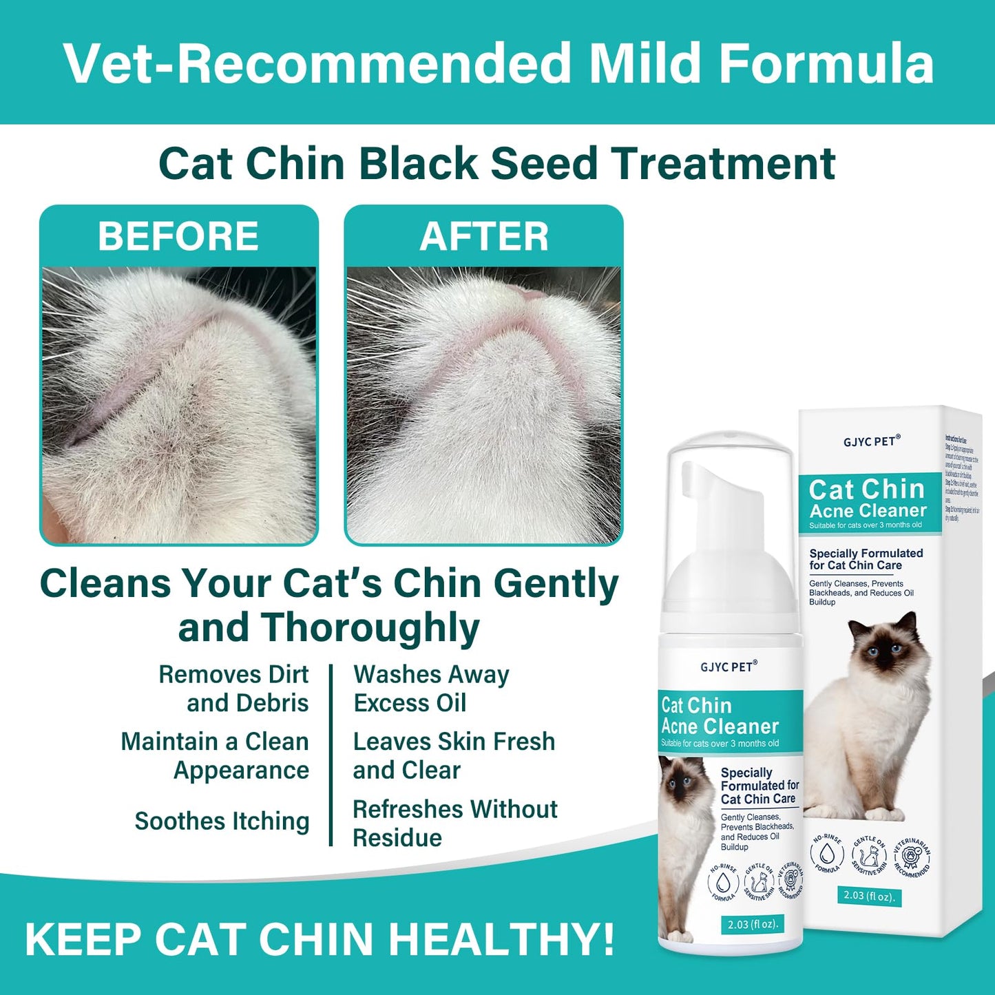 Cat Chin Acne Cleaner – No-Rinse Blackhead & Pimple Remover with Brush – Gentle Formula for Sensitive Feline Skin, Oil & Debris Control, 2.03 fl oz