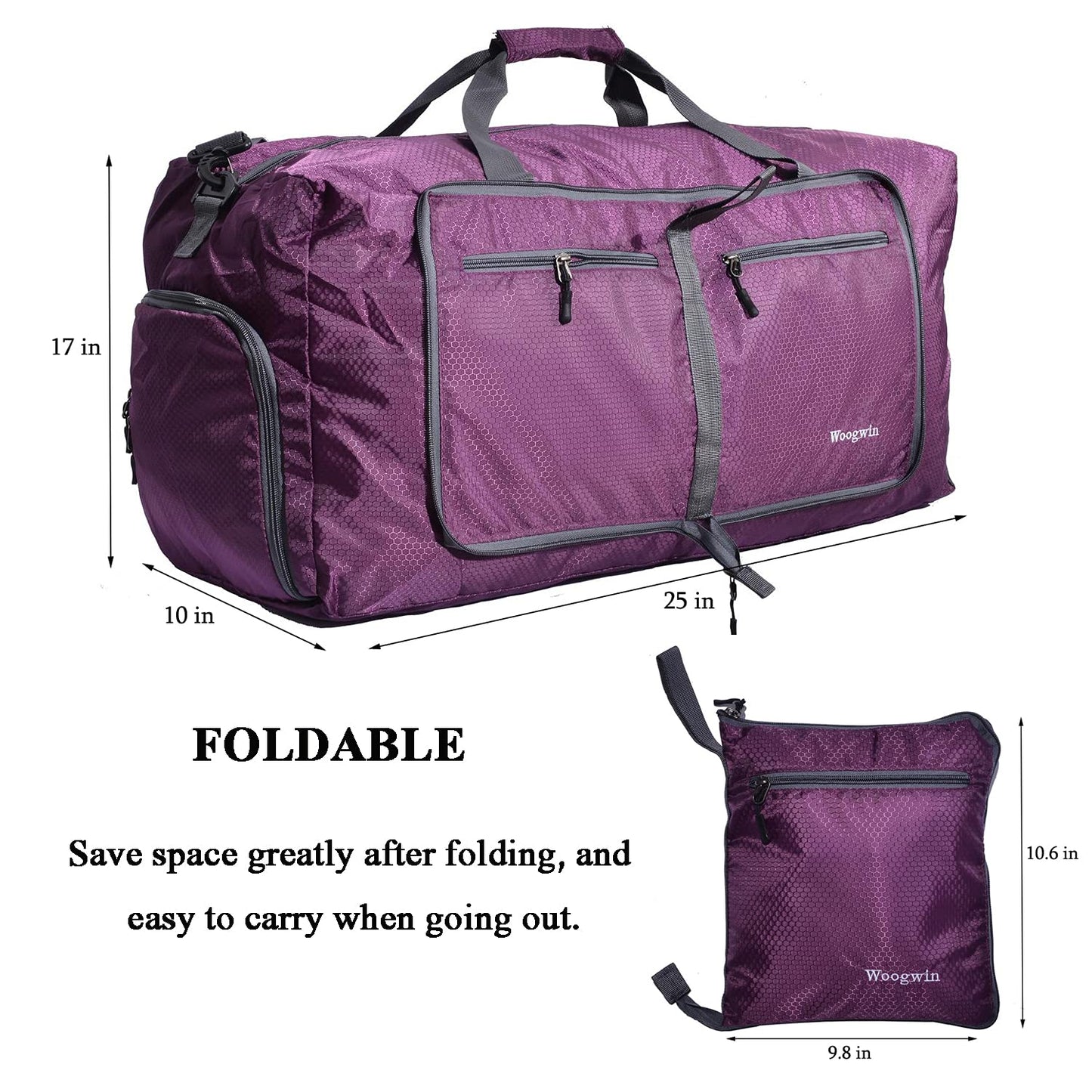 Woogwin Travel Duffel Bag Large Foldable Waterproof Overnight Bag for Beach Swim Bags Pool Sports Gym (60L Purple)