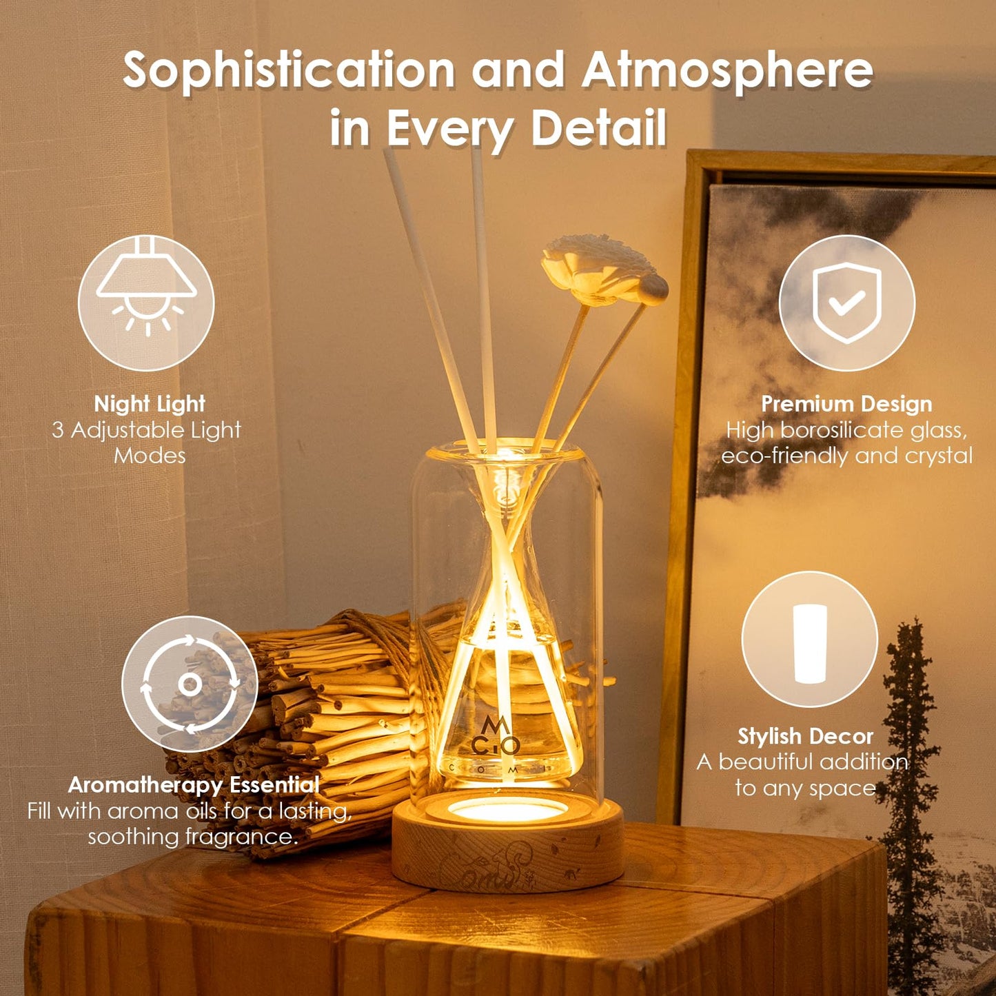 Empty Fragrance Glass Reed Diffuser Bottles with 5pcs Reed Diffuser Sticks,Luminous Base,Decorative Flower Bud Fragrance Accessories Use for DIY Replacement Reed Diffuser Sets,Triangle