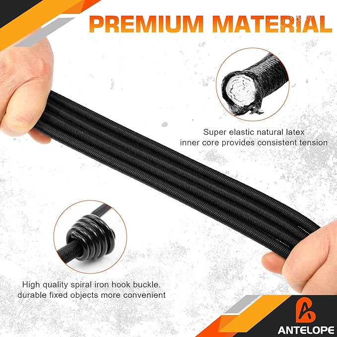 A ANTELOPE Outdoor Bungee Cord Assortment - Heavy Duty Set of 20 Bungee Cords (36") Double J Hooks - Multipurpose Elastic Straps for Fastening Tarps, ATV, Camping, Trucks, Motorcycles, Bikes
