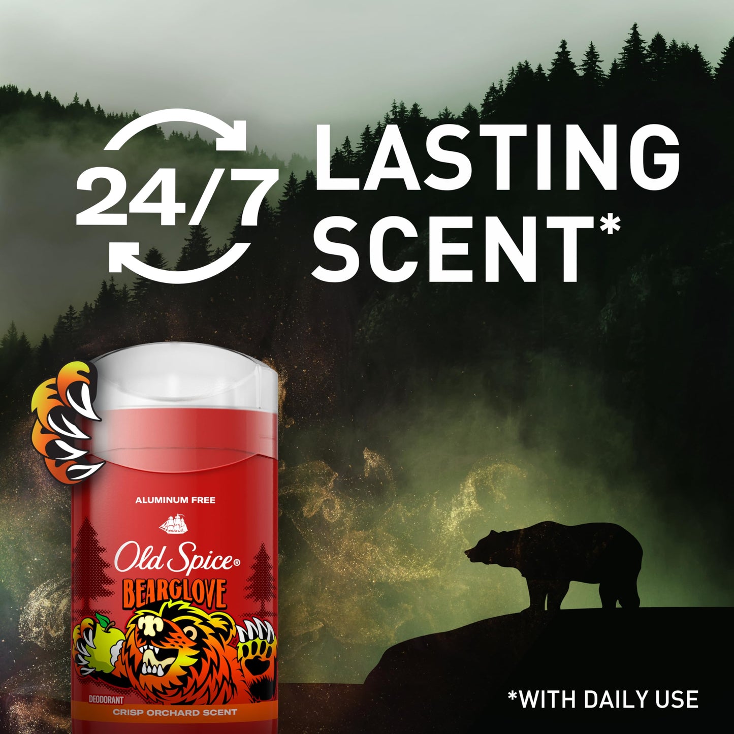 Old Spice Aluminum Free Deodorant for Men, 24/7 Odor Protection, 24/7 Freshness & Lasting Scent, Goes on Clear, Bearglove with Crisp Orchard Scent, 3.0 oz (Pack of 3)