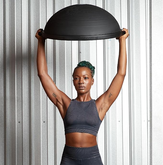 Bosu Balance Ball Exercise Trainer, Home Gym Equipment w/ Guided Workouts & Pump, 26", Blue - Inflatable Fitness Platform for Strength Training, Standing, Balancing, and Core Workout