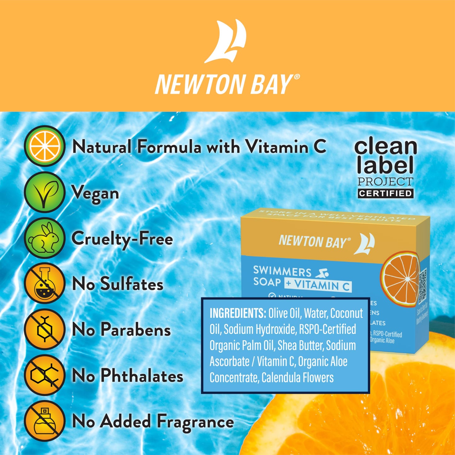 Newton Bay Swimmers Soap + Vitamin C | All Natural Body and Face Wash Soap Bar | Neutralizes and Washes Away Chlorine After Swimming | Revitalizes Sensitive Skin | Single 4 Ounce Soap Bar