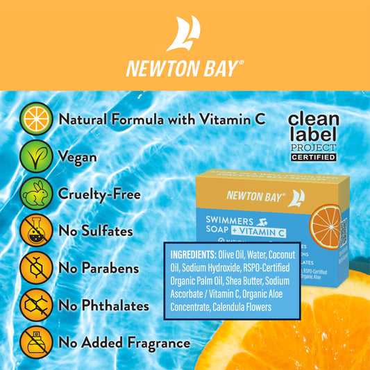 Newton Bay Swimmers Soap + Vitamin C | All Natural Body and Face Wash Soap Bar | Neutralizes and Washes Away Chlorine After Swimming | Revitalizes Sensitive Skin | Single 4 Ounce Soap Bar