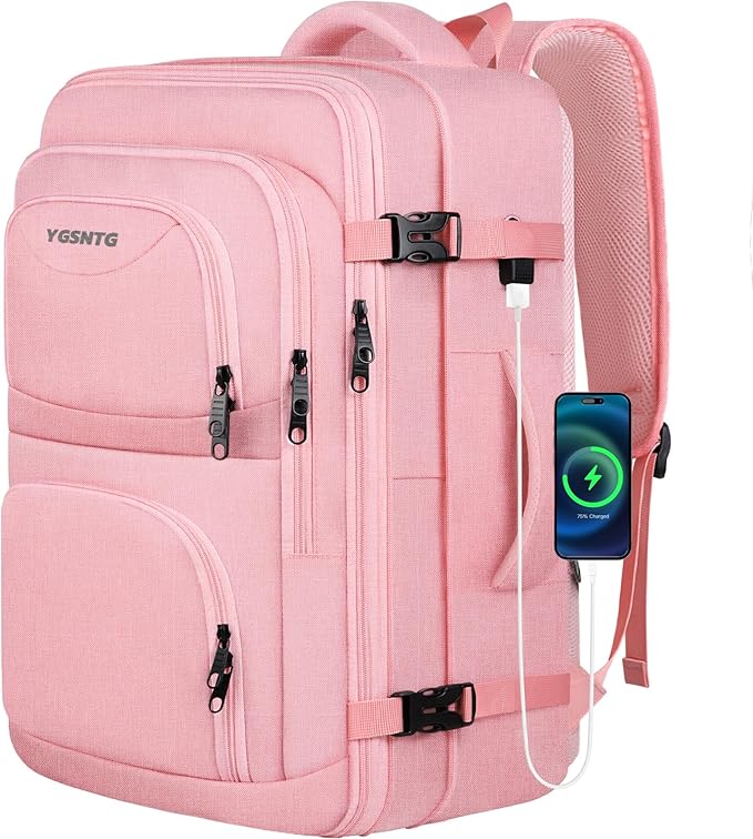 Carry On Backpack for Women, Pink Backpack, Large Expandable Travel Bag, 15.6 Inch Travel Laptop Backpack with USB, Personal Item Size Teacher Traveling Backpack, Pink