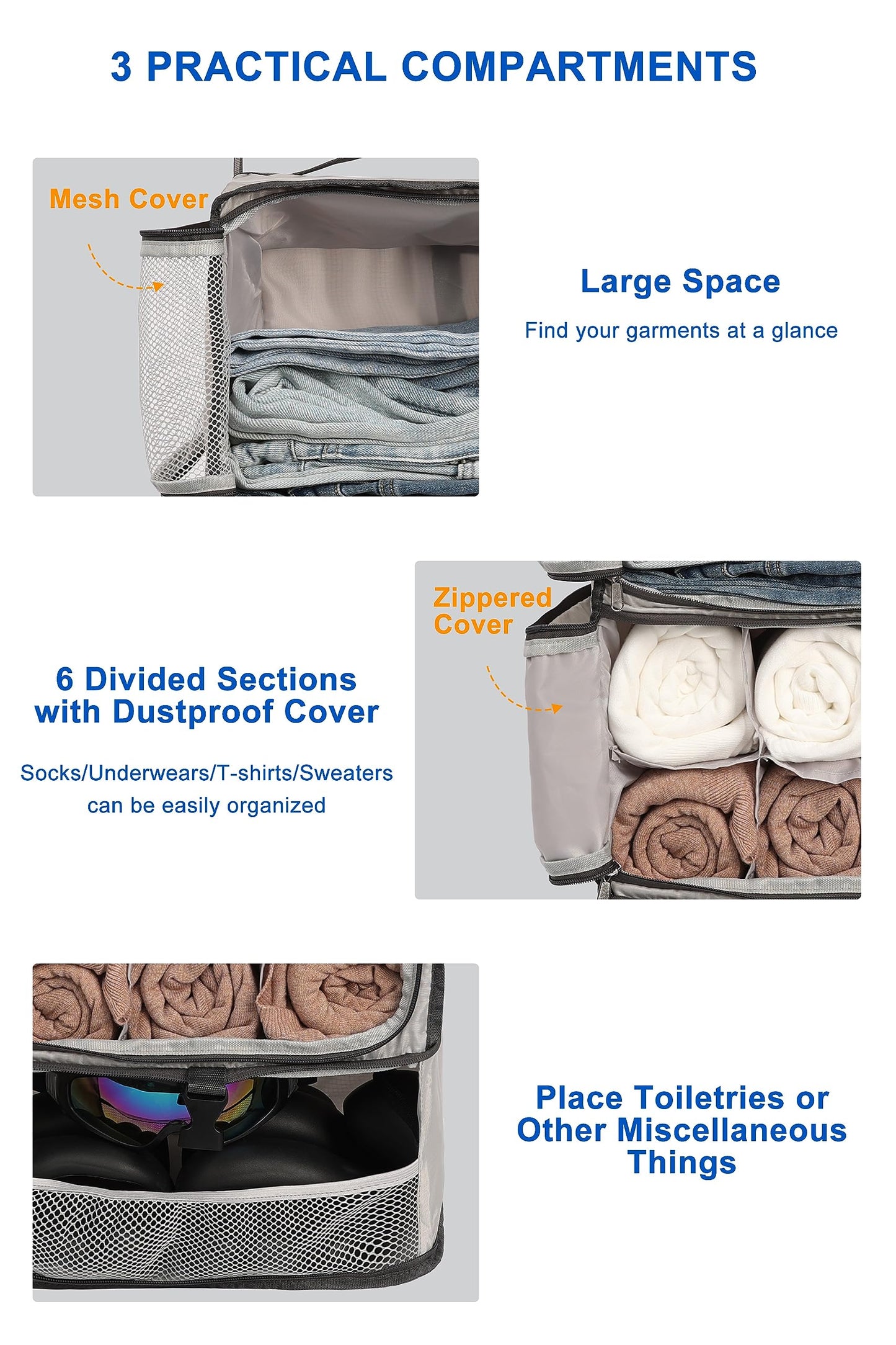 ELEZAY Hanging Packing Cubes Portable Closet 3-Shelf Travel Collapsible Compression Garment Organizer for Carry-on Luggage Suitcase Space Saver Bag X-Large_No Side Pockets, Lightgrey