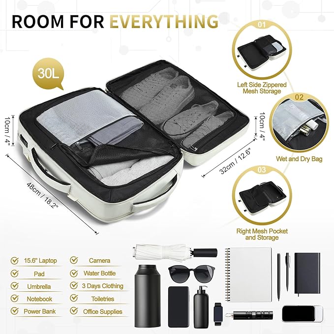 Business Travel Carry on Backpack, Lay Flat Luggage Style Bag with USB C & A, 16-inch Suitcase Capacity, Airline Approved, Beige