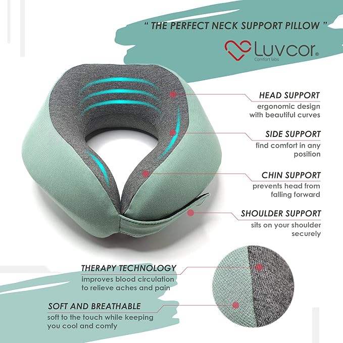 Premium Quality Memory Foam Travel Neck Pillow Bundle - Best Ergonomic Pillow for Airplane Travel, car Ride, Sleeping. Comes with Eye mask, earplugs and Storage Bag. (Imperial Green)