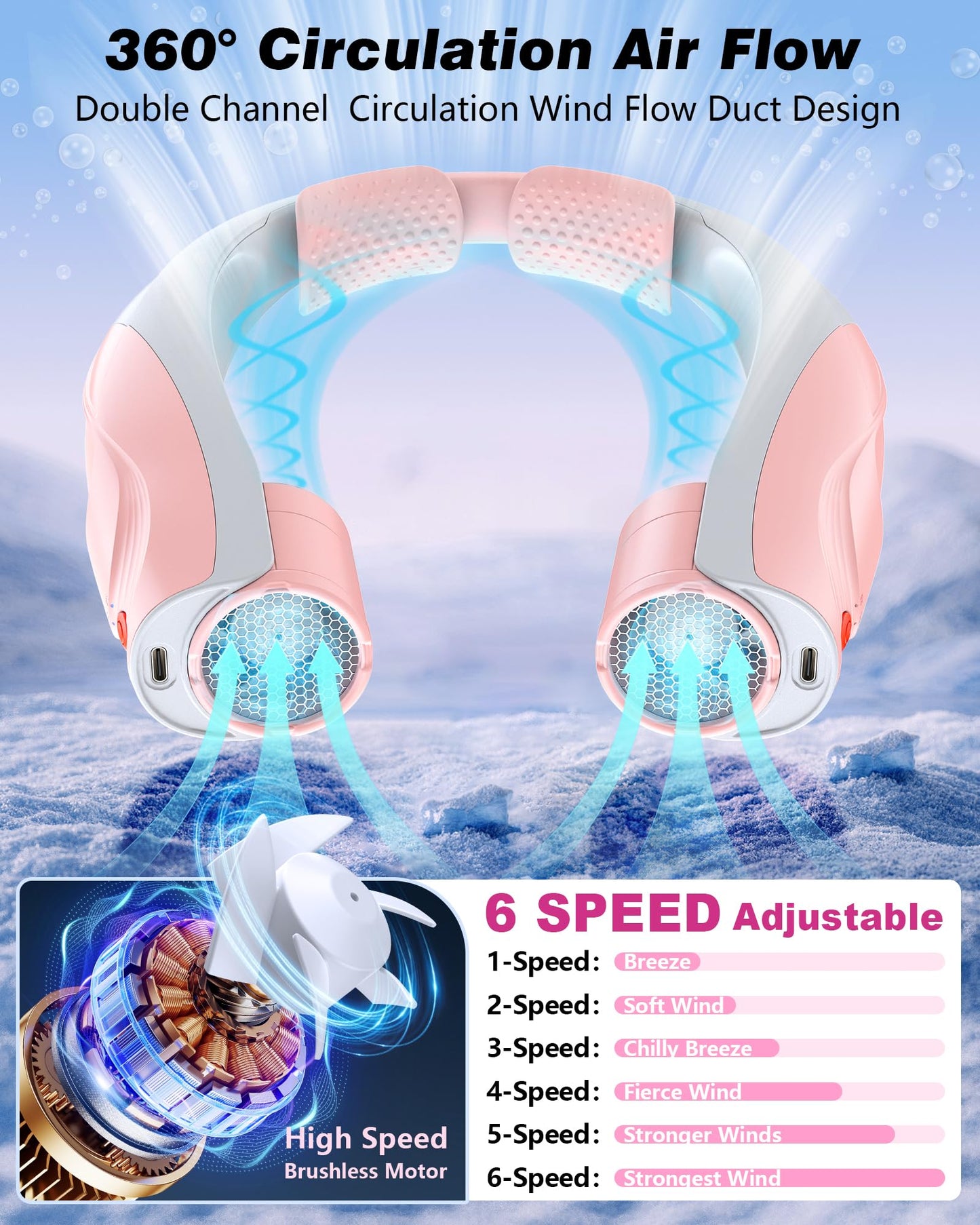 Tenvolti Portable Neck Fan- Hands Free Personal Fan, 6 Speeds 6000mAh Long-Lasting Battery Faster Cooling, USB-C Rechargeable, 360° Airflow, Quiet Gifts for Women Men Office Travel Outdoor