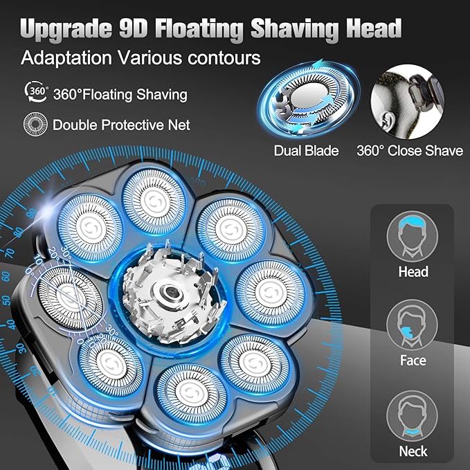 9D Electric Head Shavers for Bald Men, Upgraded 5-in-1 Waterproof Wet/Dry Grooming Kit Electric Shaver for Men, Cordless Rechargeable Bald Head Razor for Home&Travel
