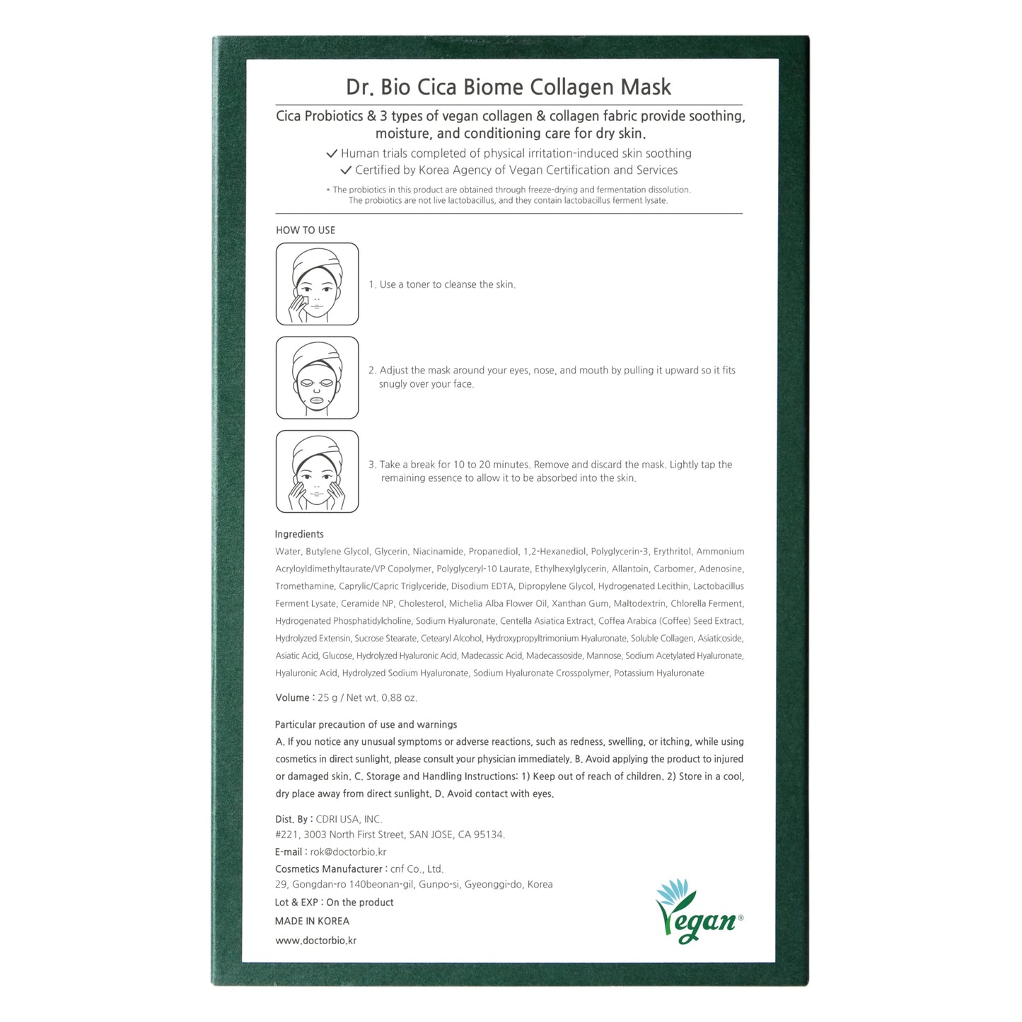 Dr.Bio Cica Biome Collagen Mask (5ea), Vegan Collagen-Coated Mask with 3x Collagen Boost for Elasticity and Firming, Skin Repairing, Radiant Skin, Anti Aging, Lifting, Hydrating, Korean Skincare