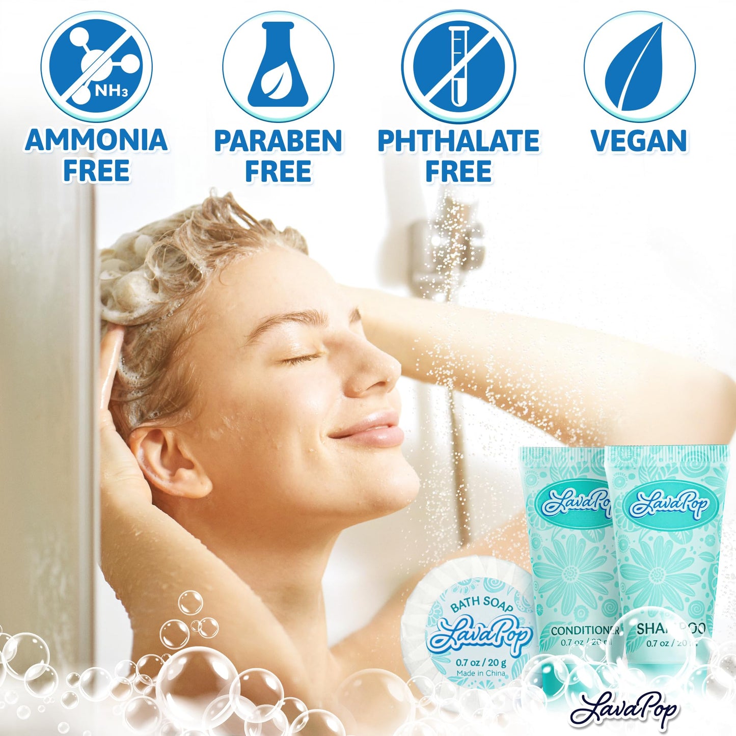 LavaPop - Hotel Soap, Shampoo & Conditioner 3-Piece Set - Iris, Violet & Amber, 0.7 oz each, 150 Pcs - Calming & Comforting Travel Size Amenities - Bulk Toiletries for Airbnb, Motels & Guest Rooms