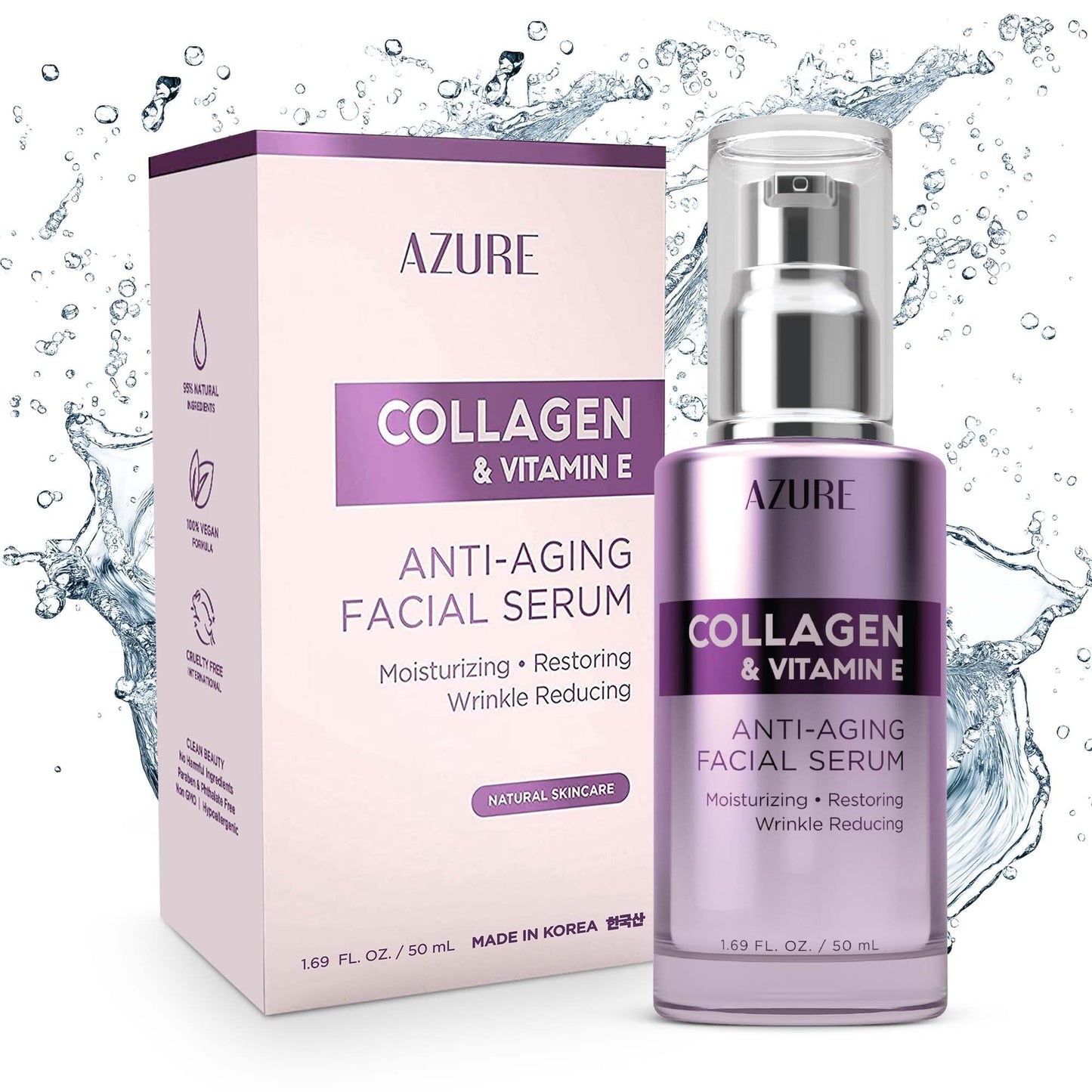 Azure Cosmetics Collagen & Vitamin E Serum For Face - Dermatologist Tested, Anti-Aging, Fine Lines & Wrinkle Treatment - Nourish Dull Skin - Lightweight, Vegan, Clean Beauty, Korean Skin Care - 1.69oz