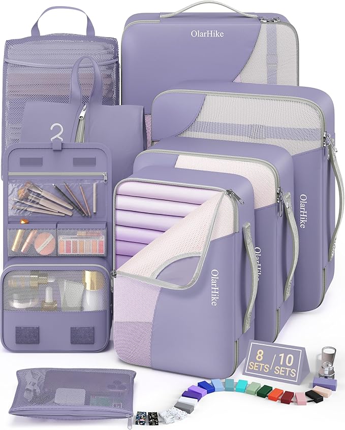 8 Set Packing Cubes for Travel, Gifts for Women Mom,Anti-Tearing Suitcase Organizer for Luggage with Shoe & Hanging Toiletry Bag,OlarHike Vacation Essentials & Accessories for Cruise Ship, Purple Gray