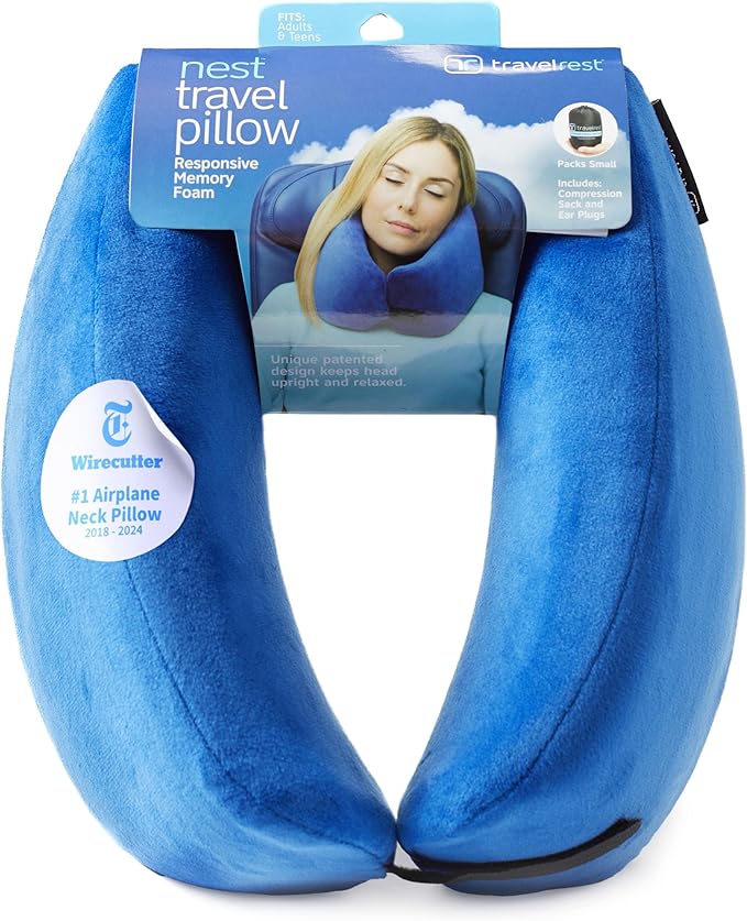 TRAVELREST Nest Neck Pillow Travel Essentials - Memory Foam Pillow and Patented Design, Support for Long Flights, Travel Accessories, Comfortable and Compact, Washable, Attaches to Luggage - Blue