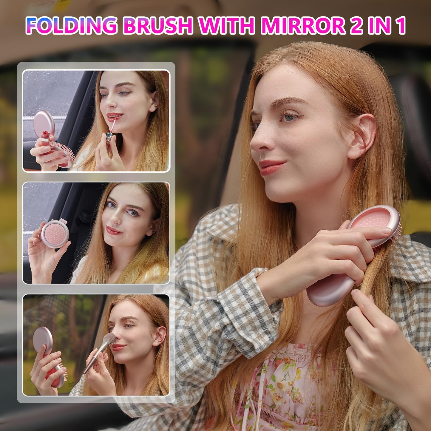 STUDLLY LCD Screen Cordless Hair Straightener Curler 2 in 1, Portable Mini Hair Straightening Brush for Travel Negative Ionic Fast Heating Hot Comb for Women, Folding Brush with Mirror, Black