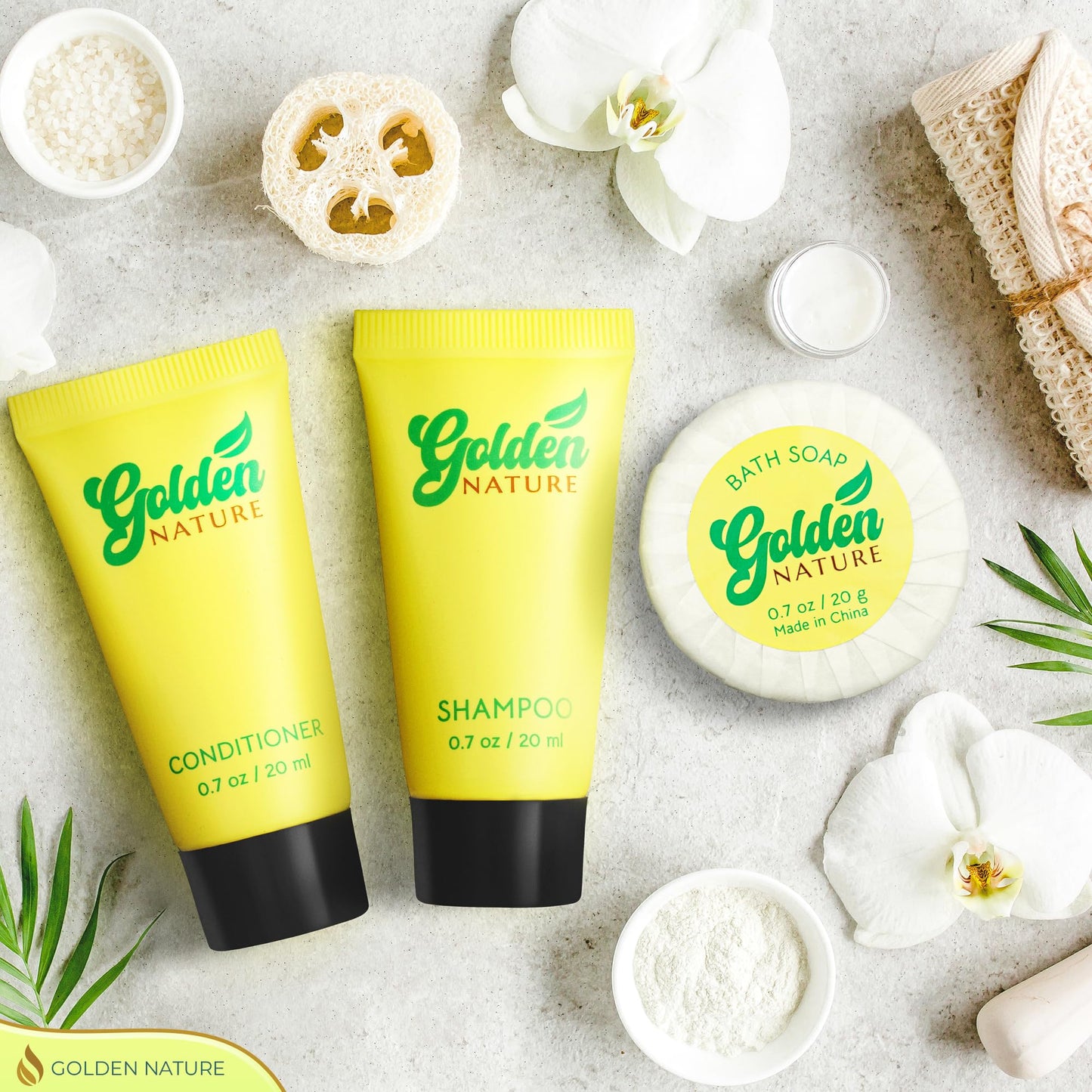 Golden Nature - Travel Size Soap, Shampoo & Conditioner Set - Jasmine, 0.7 oz each, 150 Pcs - 3-Piece Kit: 50 Round Bar Soap, 50 Shampoo & 50 Conditioner - Bulk Small Size Luxury Toiletries