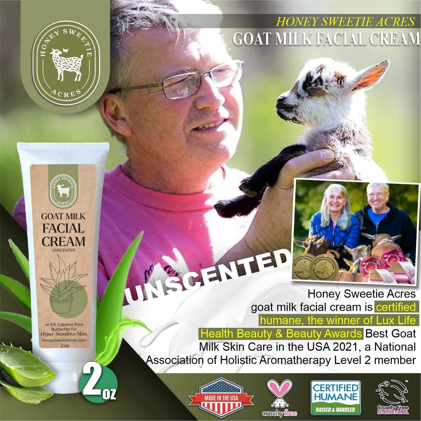 Honey Sweetie Acres Goat Milk Facial Cream – 2 oz – Moisturizer with Aloe, Jojoba & Avocado Oils, Fragrance-Free & Paraben-Free Face Cream
