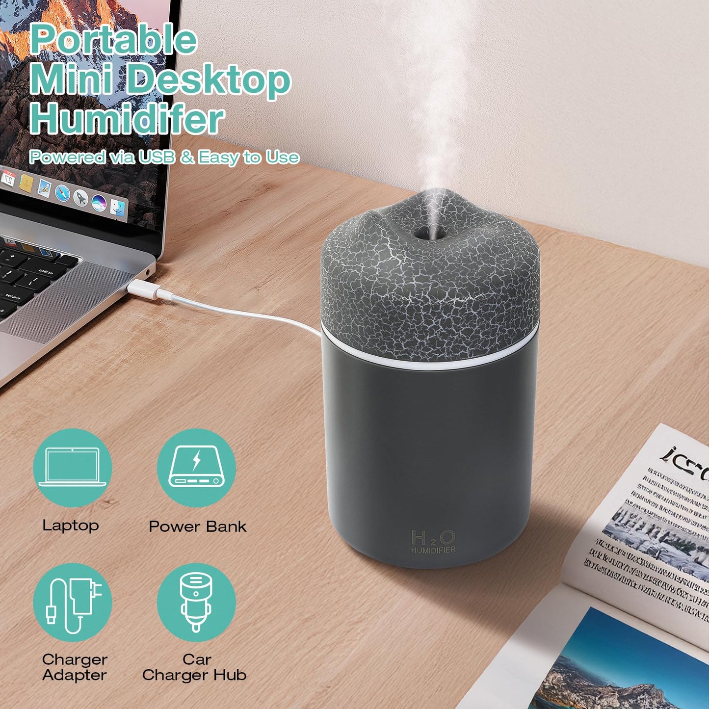 Portable Mini Humidifier, 300ml USB Personal Desktop Small Humidifier, Cool Mist Humidifiers for Bedroom Car Office Travel, Auto Shut-Off, 2 Mist Modes Quiet (Grey)