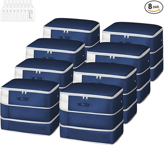 Comforter Storage Bag - Large Capacity Blanket Storage Bags 3-Layer Ultra Space Saving Self Compression Organizer, Washable Compression Bags for Storage Comforter Blanket, 8-Pack, Navy Blue