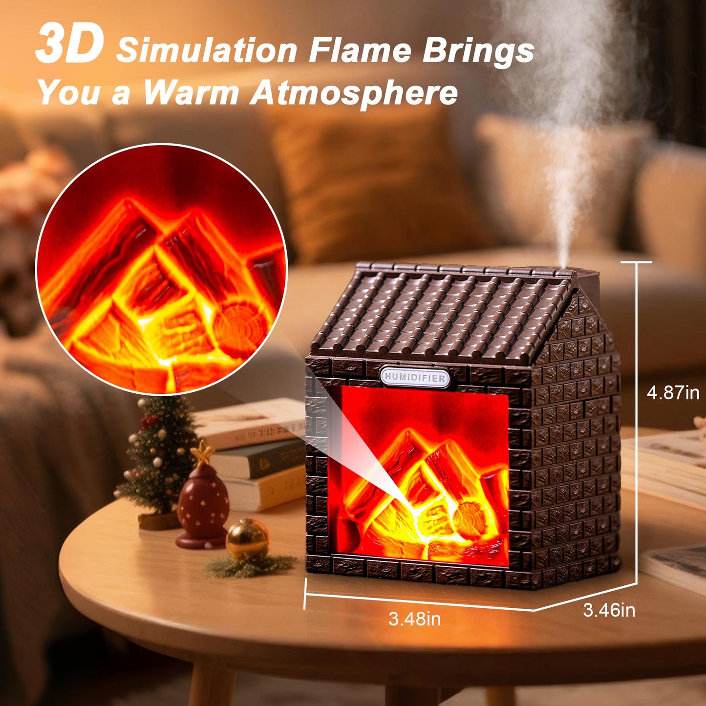 Fireplace Humidifier Diffuser,200ml Aromatherapy Essential Oil Diffuser with Cool Mist,Portable Aroma Humidifiers with Waterless Auto-Off for Home Office Bedroom Yoga (Brown)