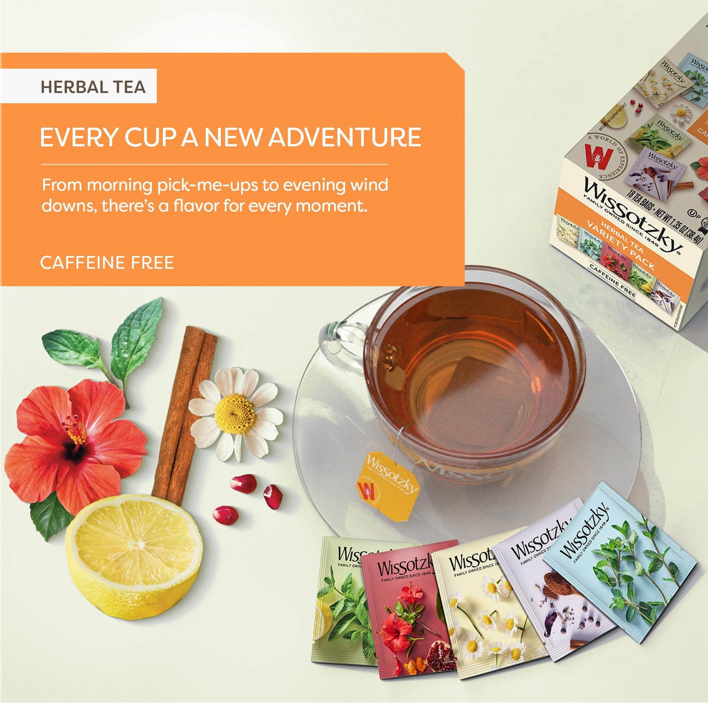 Wissotzky Herbal Variety Pack Tea Assortment, 18 Tea Bags | Caffeine Free | Herbal Tea Sampler