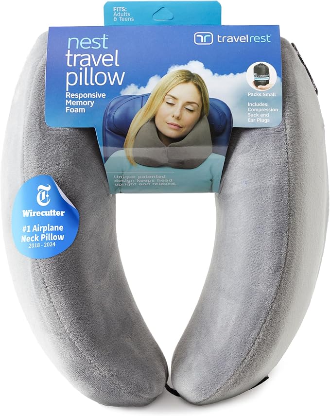 TRAVELREST Nest Neck Pillow Travel Essentials - Memory Foam Pillow and Patented Design, Support for Long Flights, Travel Accessories, Comfortable and Compact, Washable, Attaches to Luggage - Gray