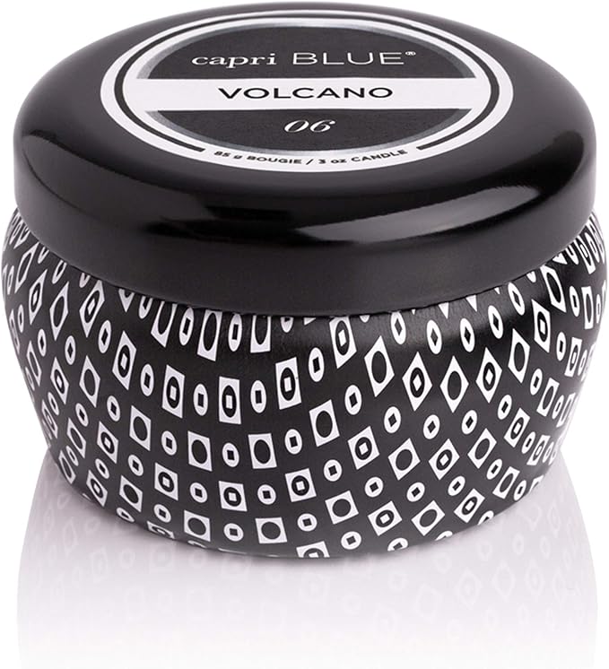 Capri Blue Volcano Scented Mini Tin Jar Candle - Printed Mini Tin Candles for Home Scented with Tropical Fruit & Sugared Citrus - Long Lasting Soy Wax Blend - Black (3 oz)