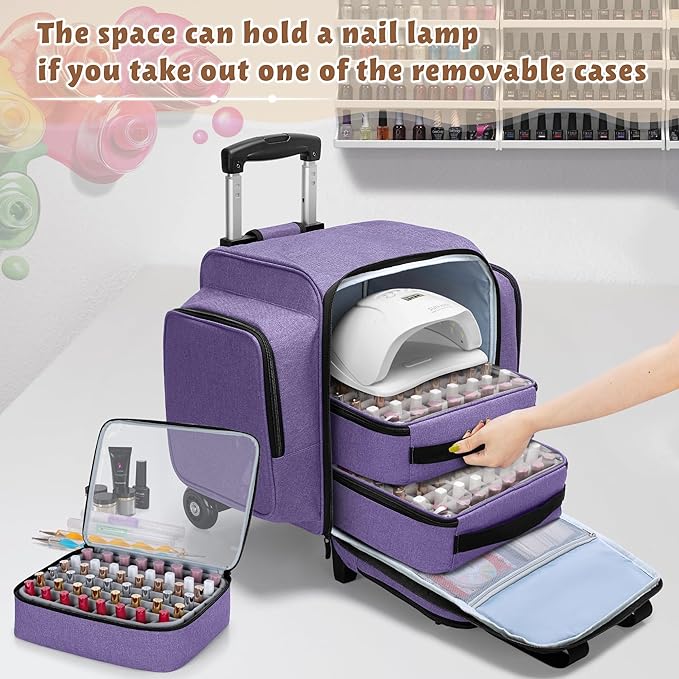 BAFASO Rolling Nail Polish Organizer Holds 144 Bottles, Nail Polish Case with a Detachable Dolly and 3 Removable Cases (Patented Design), Purple
