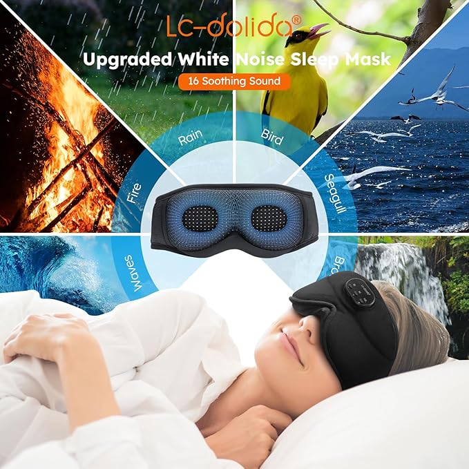LC-dolida White Noise Sleep Mask, 3D Sleep Headphones with 16 Soothing Sounds, Bluetooth 5.4 Sleep Eye Mask with Timer, Total Blackout Sleeping Headphones for Side Sleeper(Black)