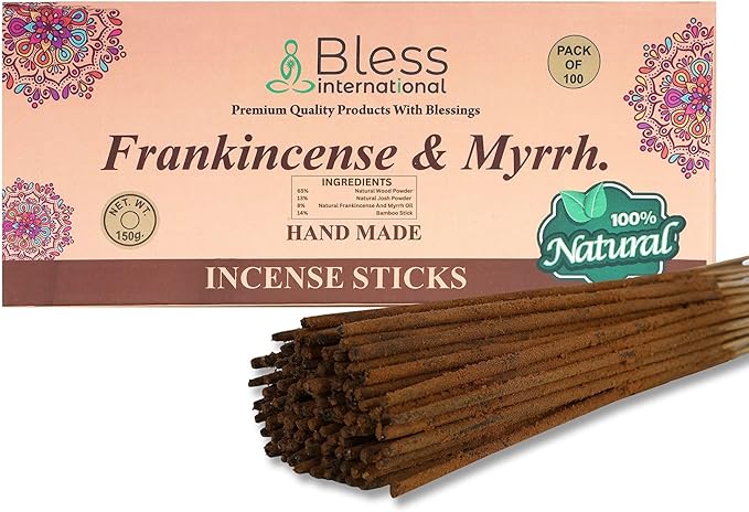 Bless-Frankincense-and-Myrrh 100%-Natural-Handmade-Hand-Dipped-Incense-Sticks Organic-Chemicals-Charcoal-Free Purification-Relaxation-Positivity-Yoga-Meditation Best-Woods-Scent (100 Sticks (5.25 OZ))