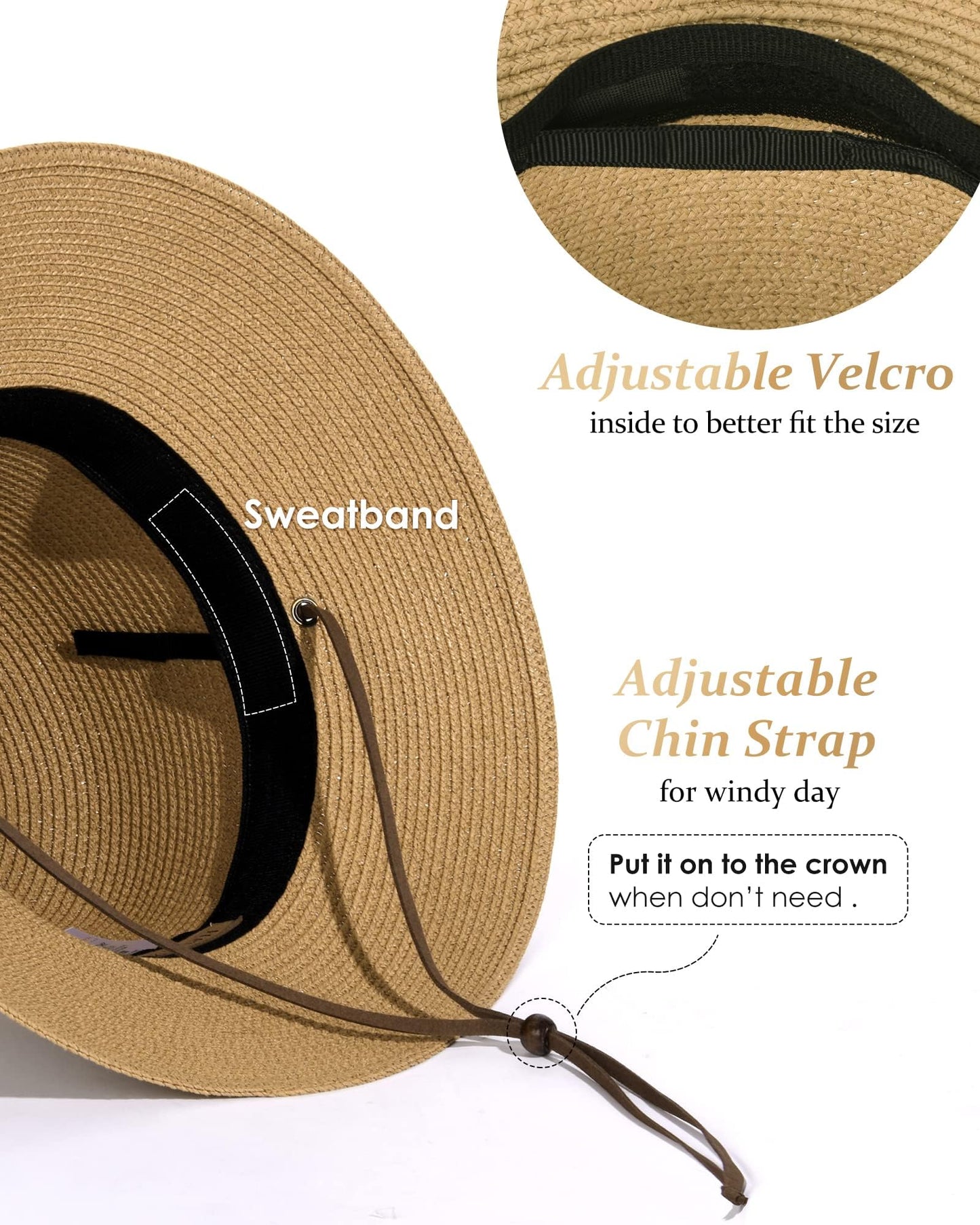 FURTALK Womens Wide Brim Sun Hat with Wind Lanyard UPF Summer Straw Sun Hats for Women Khaki