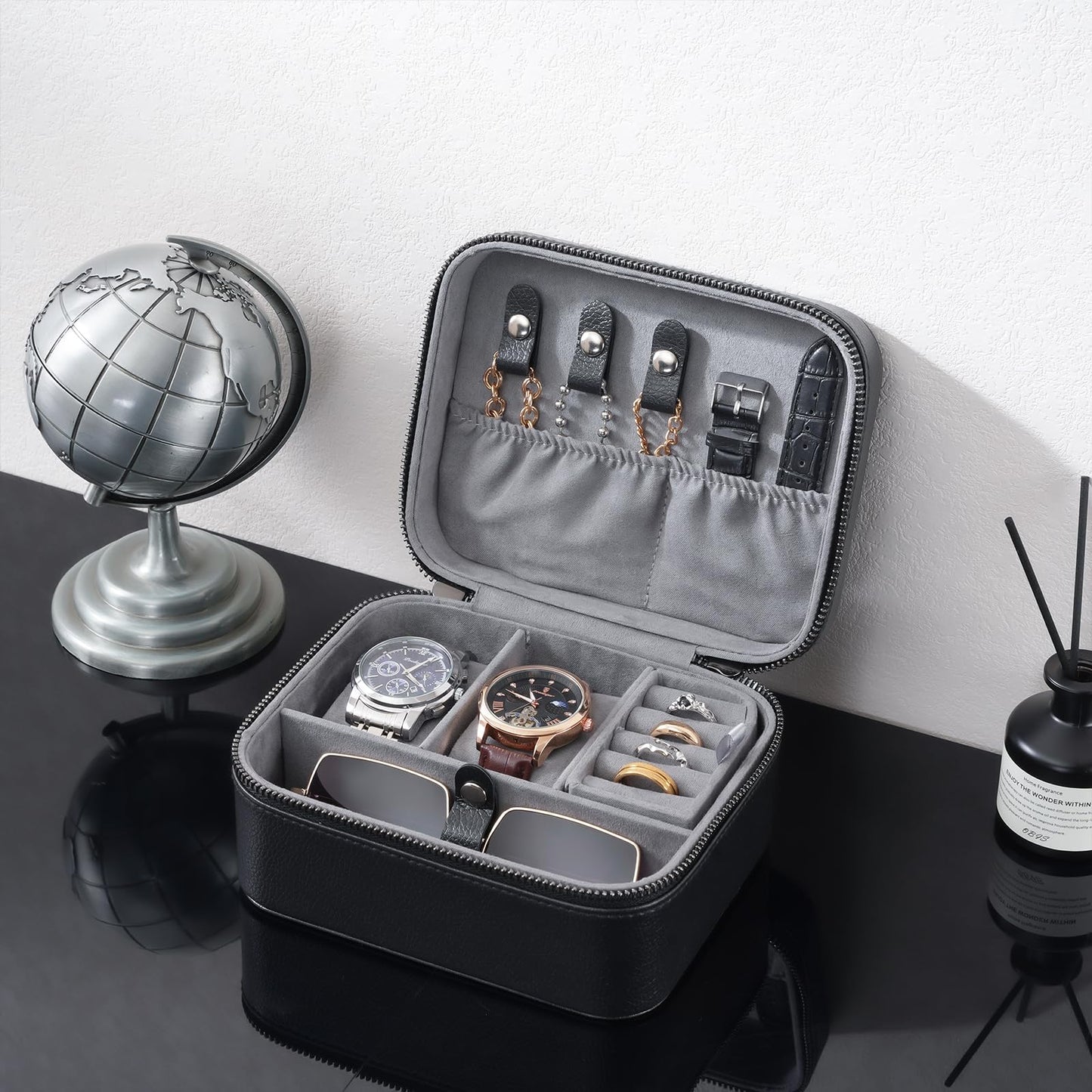 ProCase Travel Watch Case, 2 Slots PU Leather Mens Jewelry Box, Portable Watches Cufflinks Accessories Storage Case, Zippered Carrying Organizer Bag for Man -Black