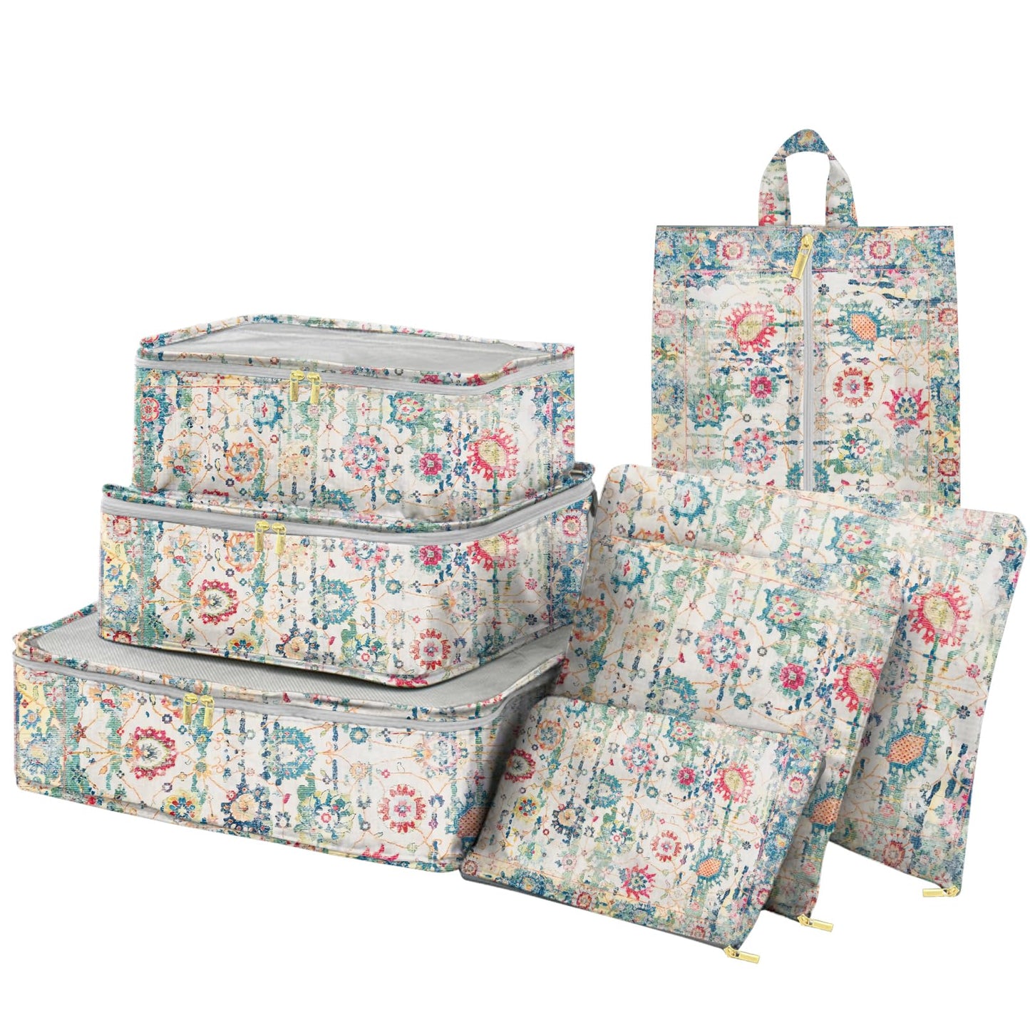 BHAHB 7 Set Packing Cubes Travel Luggage Organizers for Suitcase Travel Accessories with Shoe Bag for Girls Women Aesthetic Cute Boho Bohemian-Green Floral