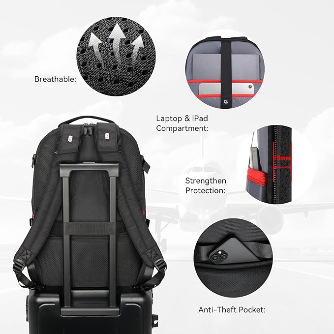 17.3 Large Laptop Backpack for Men Women 30l Travel Backpack Water Resistant Carry On Flight Anti-theft Computer Bag Expandable Rucksack Ergonomic Straps,Black