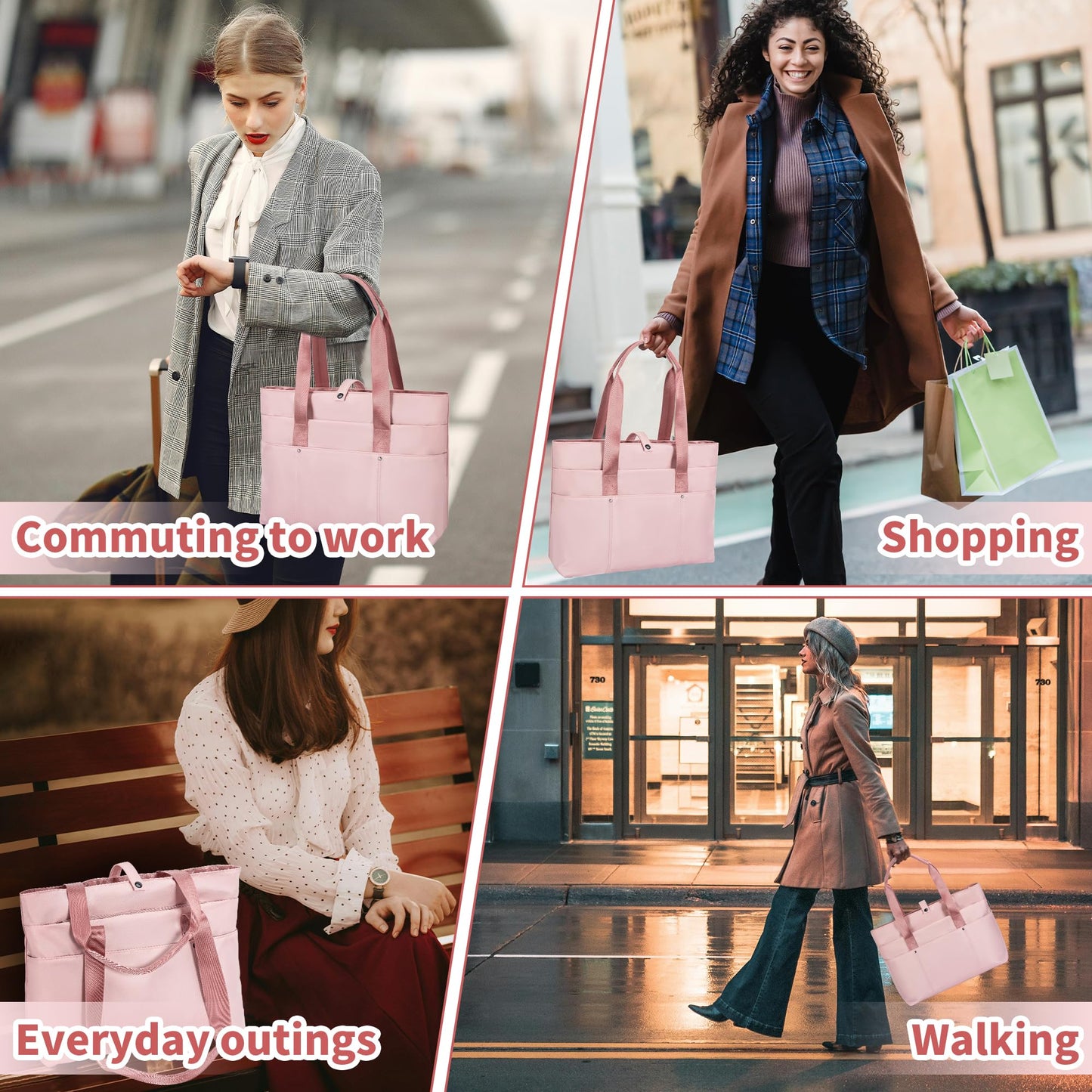 Large Tote Bag for Women with Multiple Pockets, Water Resistant Foldable Tote Bag Utility Tote, Lightweight Shoulder Bag Handbag for Travel, Work, Pink