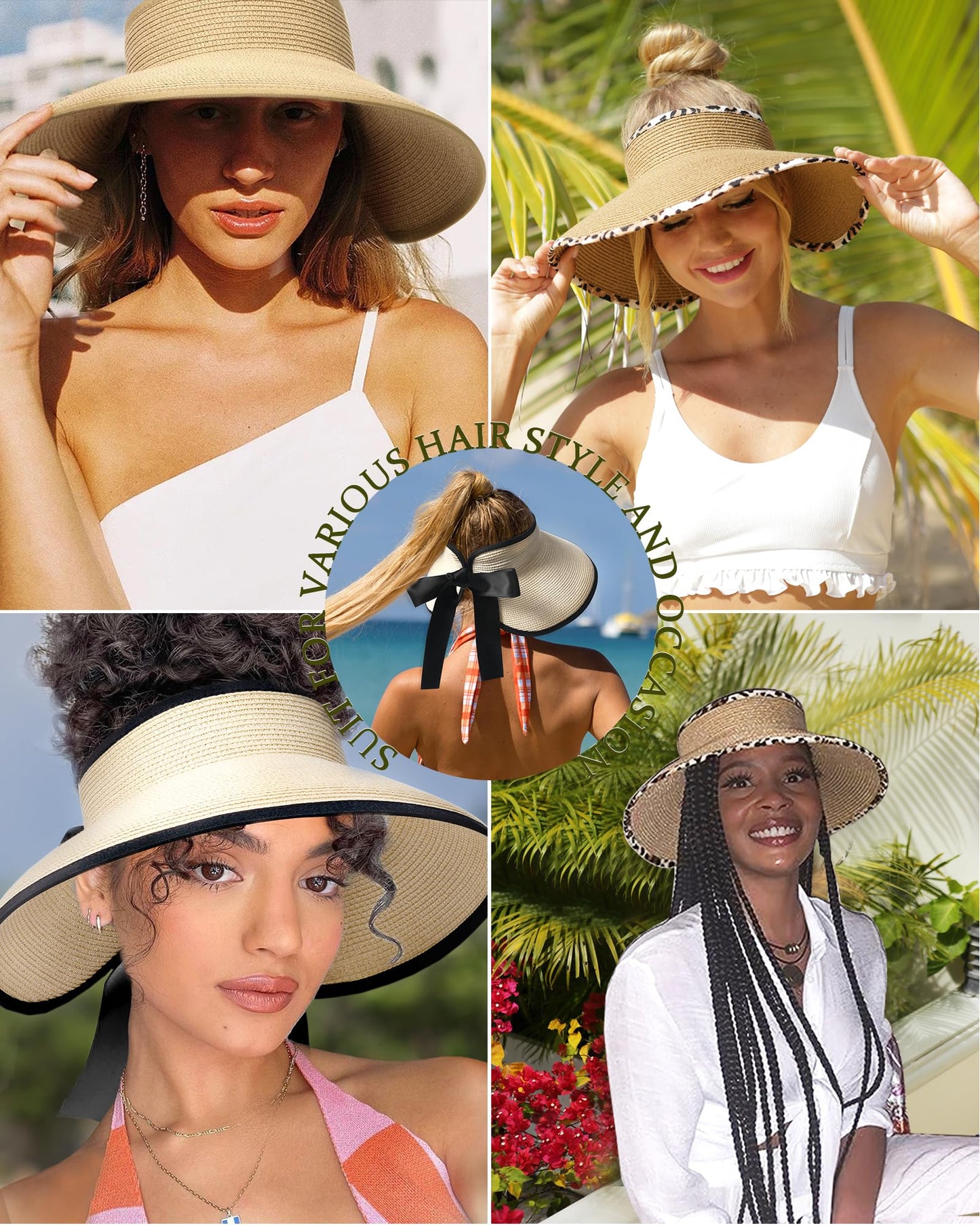 Camptrace Sun Visors for Women Wide Brim Beach Hat Foldable Straw Visor Hat Ponytail Summer Packable UPF 50+