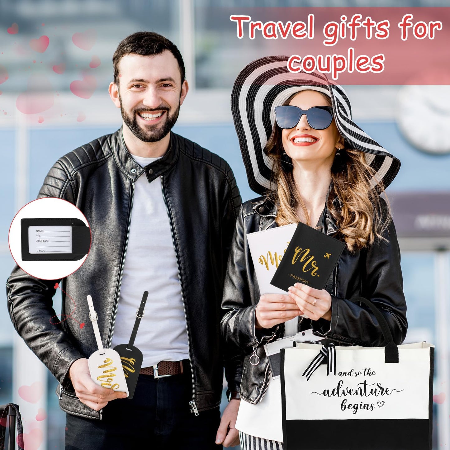 Sunnychicc 16 Pcs Wedding Honeymoon Gifts for Couple Mr Mrs Newlyweds Bridal Shower Engagement Gifts with Glass Date Night Dice Passport Baggage Holder Jar Tote Bag(Mr and Mrs)