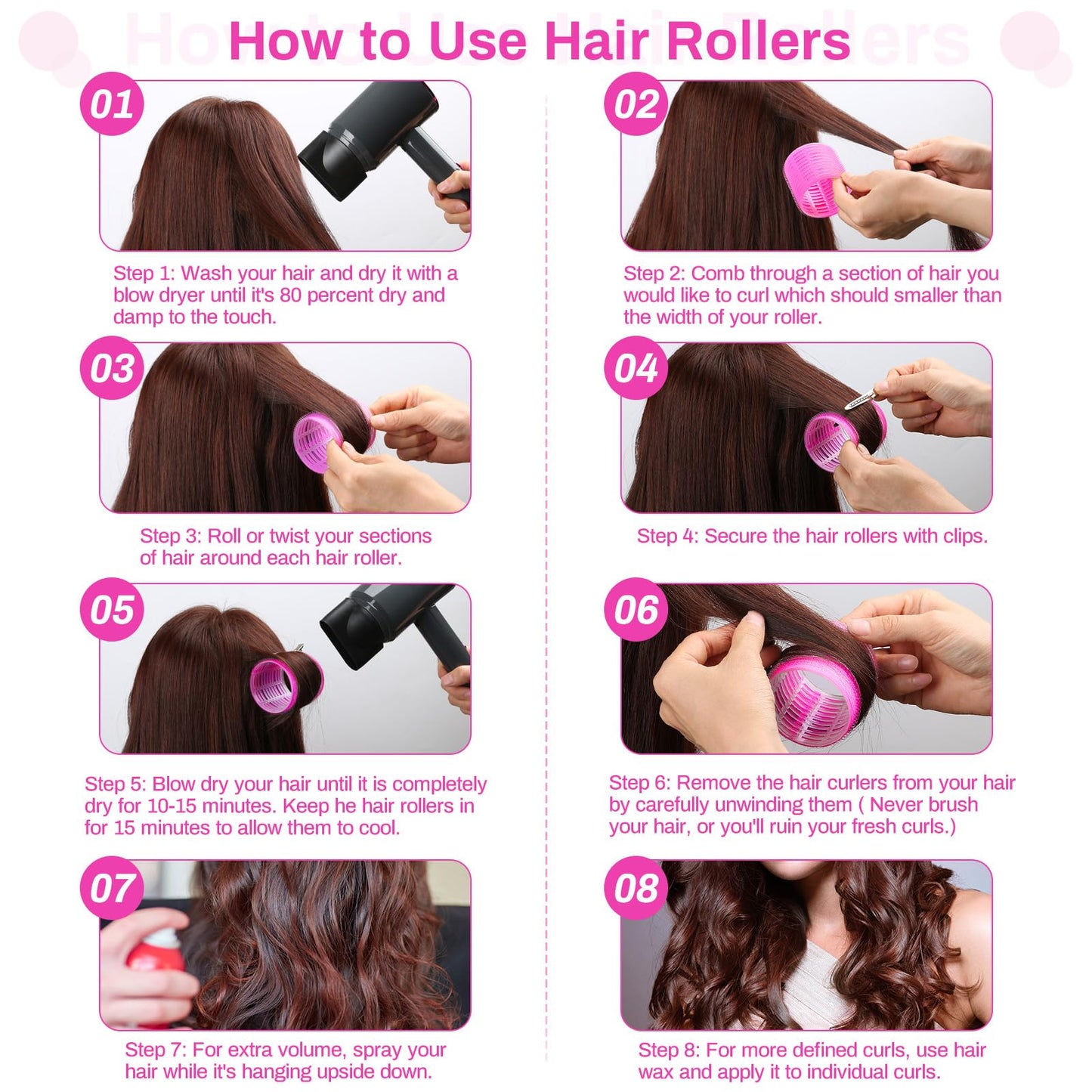 Jumbo Hair Rollers Set - 24 Pieces with 12 Large Rollers and 12 Clips for Voluminous Long Thick Hair (Hot Pink)