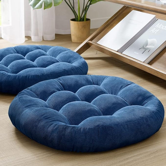 Floor Cushion Pillow Set of 2, Round Large Pillows Seating for Adults, Tufted Corduroy Cushions for Living Room Tatami, Navy Blue, 22 Inch