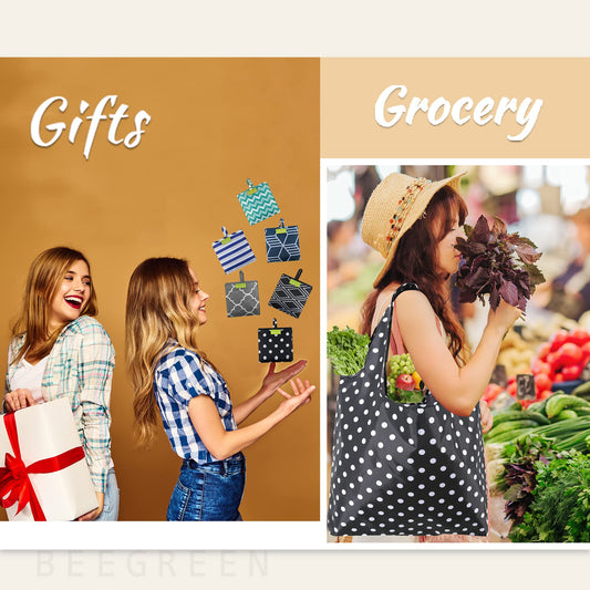 BeeGreen Grocery Bags | Reusable Gift Bags, Large Tote for Women & Foldable Beach Bag - 6 Pack Reusable Bag With Handles | Collapsible Cute Cloth Storage for Market, Holiday & Shopping | Washable