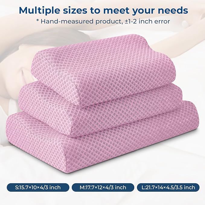 Travel Pillow Memory Foam Pillows, Ergonomic Wave Cervical Neck Pillow for Neck Pain Relief, Compressible Medium Firm Side Sleeper Pillow, Ideal for Camping, Office, Home & Bed (Pink, L)