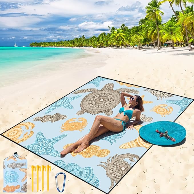 Beach Blanket Waterproof Sandproof Beach Mat 79" X 83"/10'x9'for 2-8 Adults Quick Drying Outdoor Picnic Mat Beach Accessories for Travel, Camping, Hiking