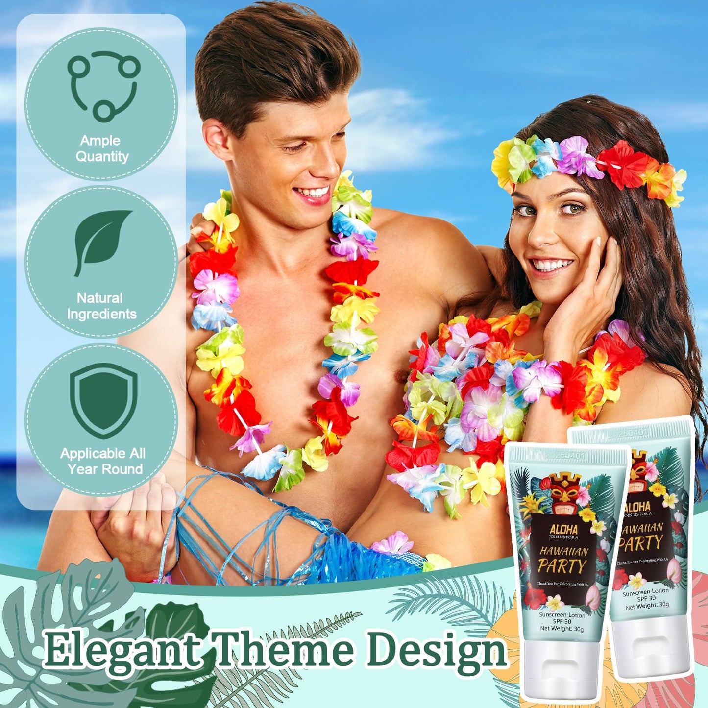 Dansib 36 Pcs Mini Sunscreen Bulk for Hawaiian Party Spf 30 Water Resistant Sunscreen Lotion Bulk 1oz Travel Size for Summer Party Supplies