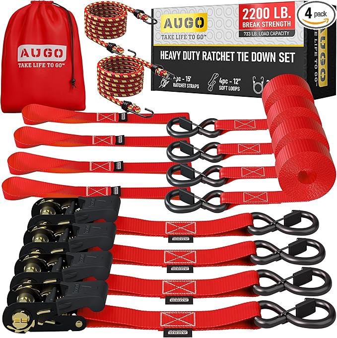 AUGO Ratchet Straps Heavy Duty 4 Pack -15 FT - 2200 LB Break Strength – with Safety Lock S Hooks - Cargo Straps for Moving, Appliances, Motorcycle – Soft Loop Tie Downs