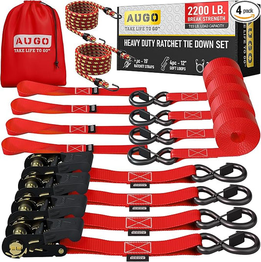 AUGO Ratchet Straps Heavy Duty 4 Pack -15 FT - 2200 LB Break Strength – with Safety Lock S Hooks - Cargo Straps for Moving, Appliances, Motorcycle – Soft Loop Tie Downs