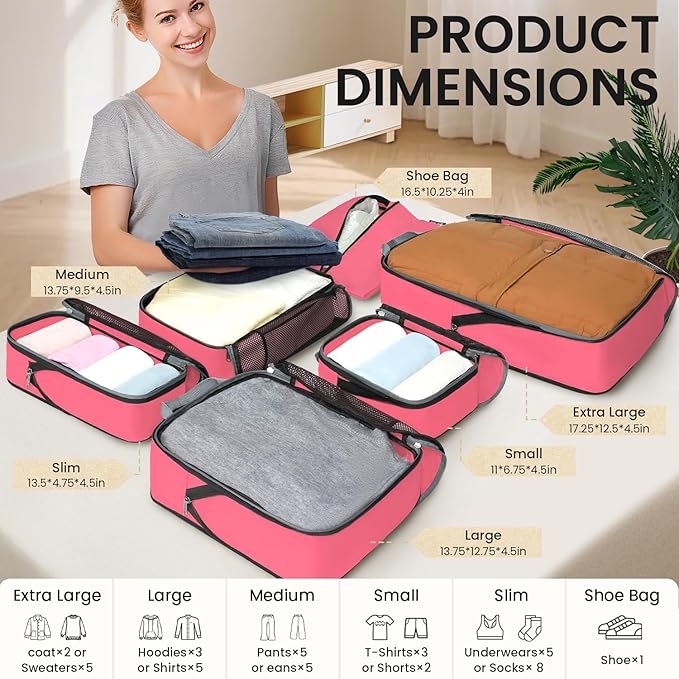 BAGAIL 4 Set/6 Set/8 Set Compression Packing Cubes Travel Accessories Expandable Packing Organizers (Half Mesh, 6-Coral)