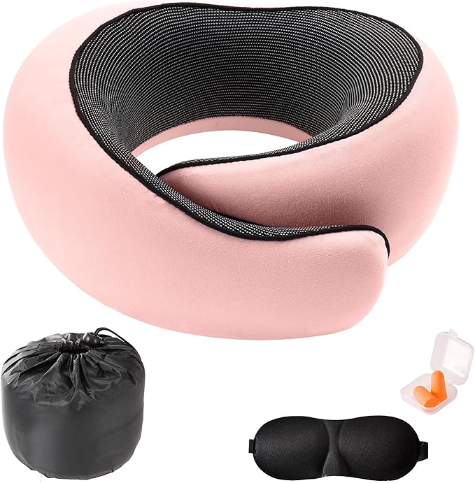 Travel Pillow,Travel Neck Pillows for Airplanes,Comfortable Breathable Cover,Memory Foam 360 Degree Support Stowable Pillows,Ideal Accessory for Sleeping Offices and Cars (Pink)