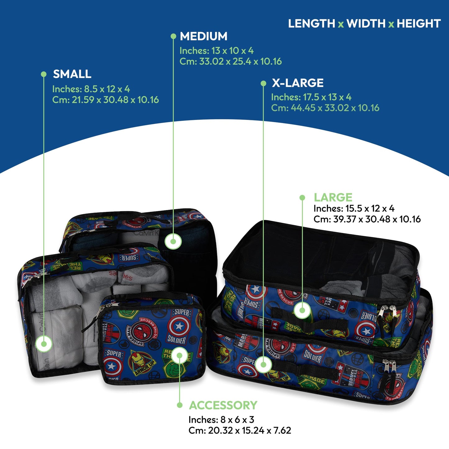 Marvel Comics 5-Piece Packing Cube Set - Spiderman, Ironman, Captain America - 5 Piece Packing Cubes Compression Travel Essential Accessories - Luggage Suitcase Organizer Set - For Kids, Adults